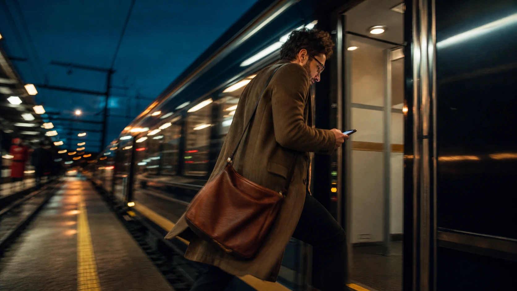 Person deployt vom Bahnsteig aus