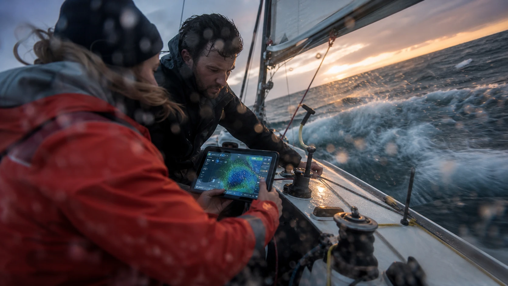 Crew liest Wetterdaten auf einem Segelboot