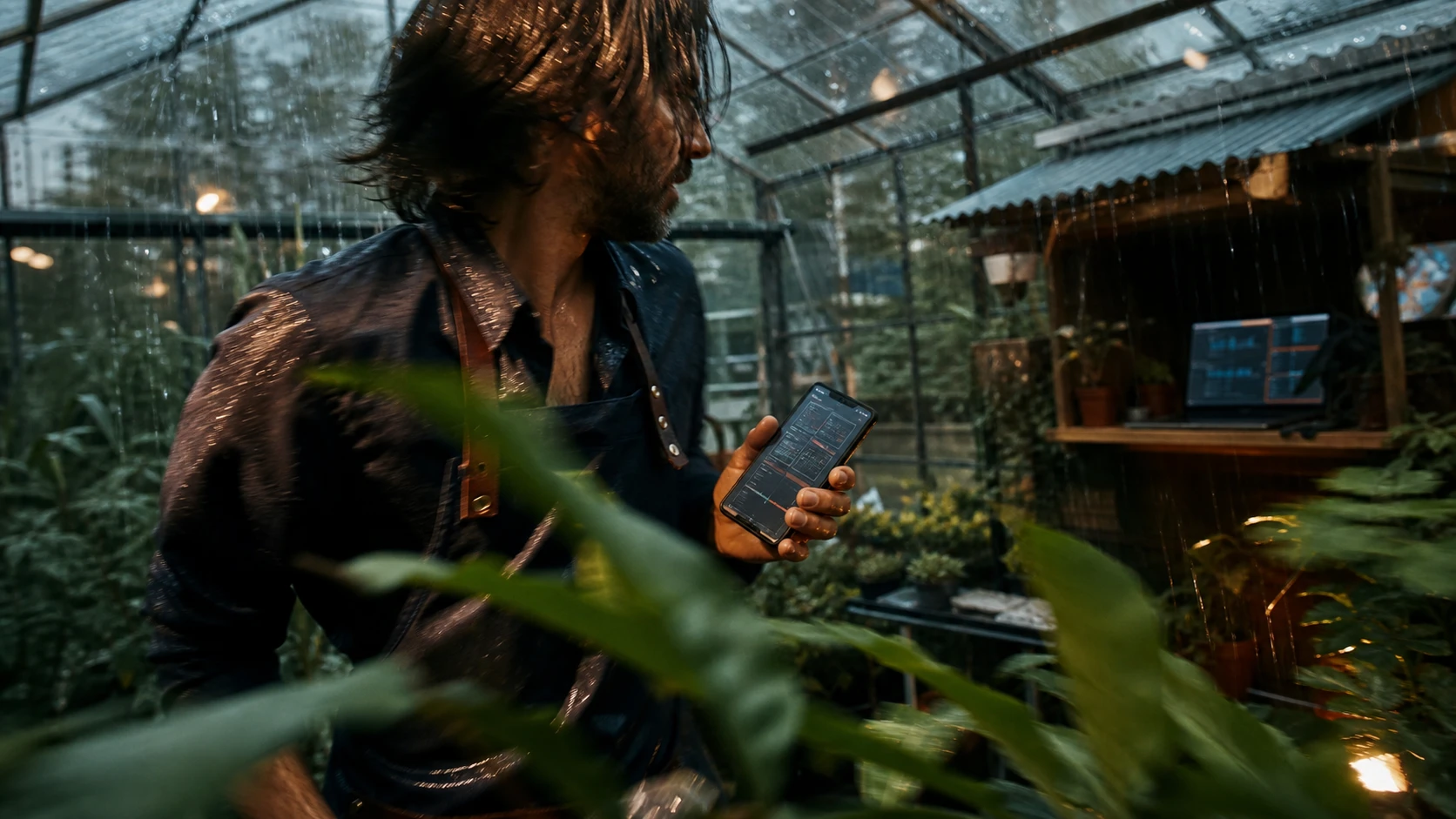 Person im Gewächshaus mit Telefon